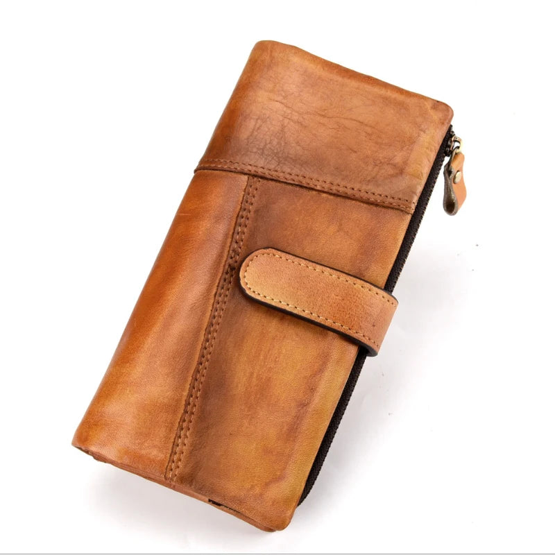 Vintage Fashion Wax Oil Skin Long Purse Genuine Leather Notecase for Ladies Girls 2 Folds Long Wallet RIFD Men Wallet