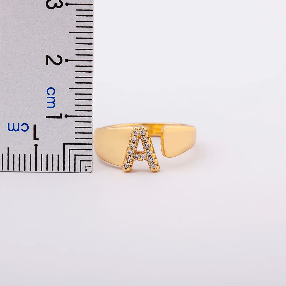 New Fashion A-Z Letter Gold Color Metal Adjustable Opening Ring Initials Name for Women Finger Rings Party Crystal Jewelry