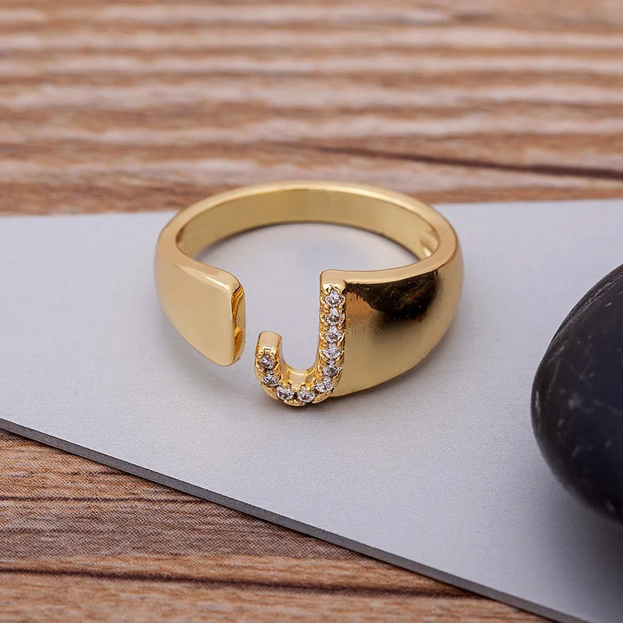 New Fashion A-Z Letter Gold Color Metal Adjustable Opening Ring Initials Name for Women Finger Rings Party Crystal Jewelry