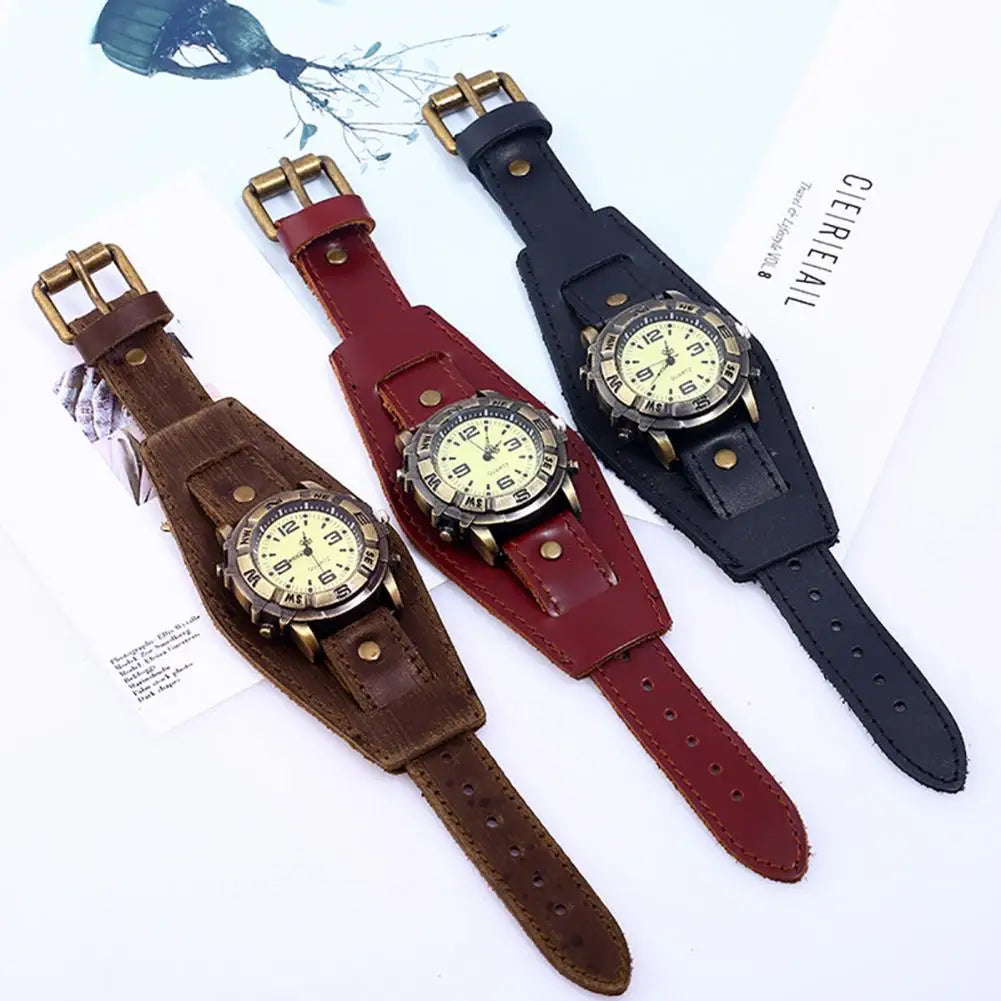 Vintage Women Men Punk Faux Leather round Dial Quartz Bracelet Wrist Watches