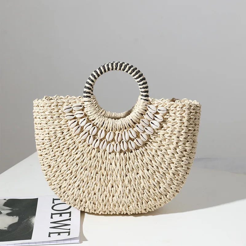 Woman Fashion New Creative Shell Moon Straw Bag Scarf Hair Ball Decoration Straw Bag Portable Woven Beach Handbag