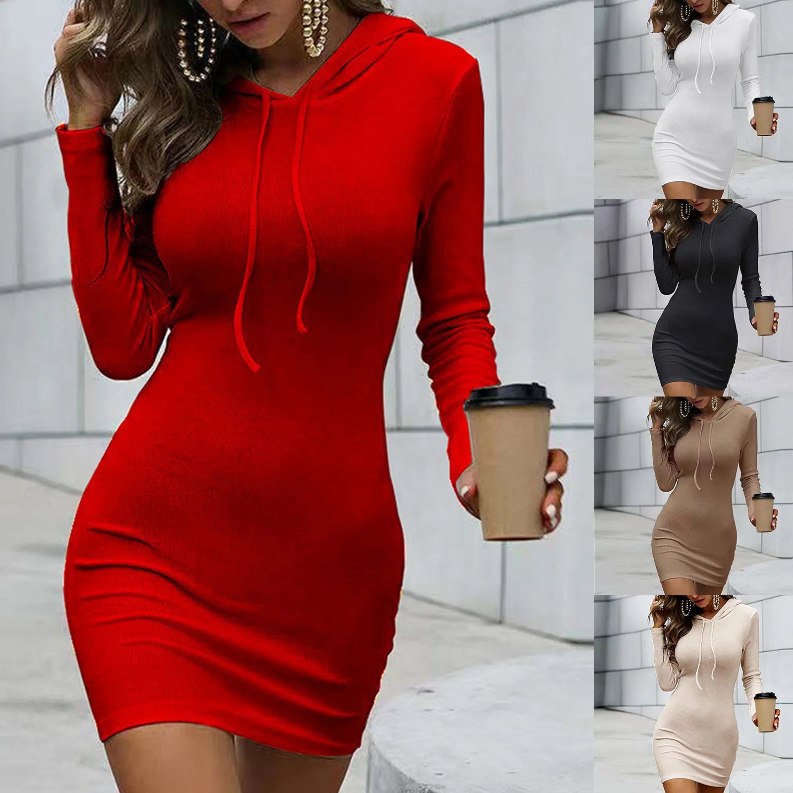 Women Dress Hot Style Autumn Temperament Accept Waist Hooded Handbags Hip Long Fleece Women Dresses Casual Vestidos UIS008