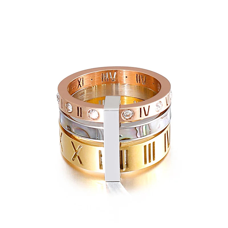 Trendy Shell Stainless Steel Rings for Women Girls Three Layers Roman Numerals Rhinestone Bridal Wedding Women Rings Jewelry