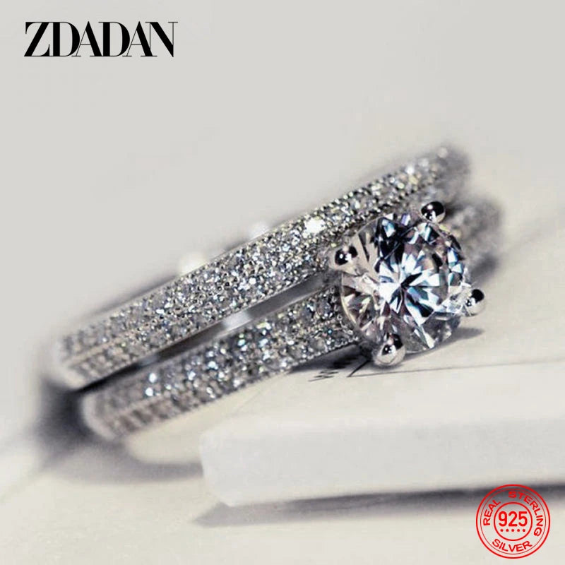 925 Sterling Silver Double Zircon Rings for Women Fashion Wedding Engagement Jewelry Gift