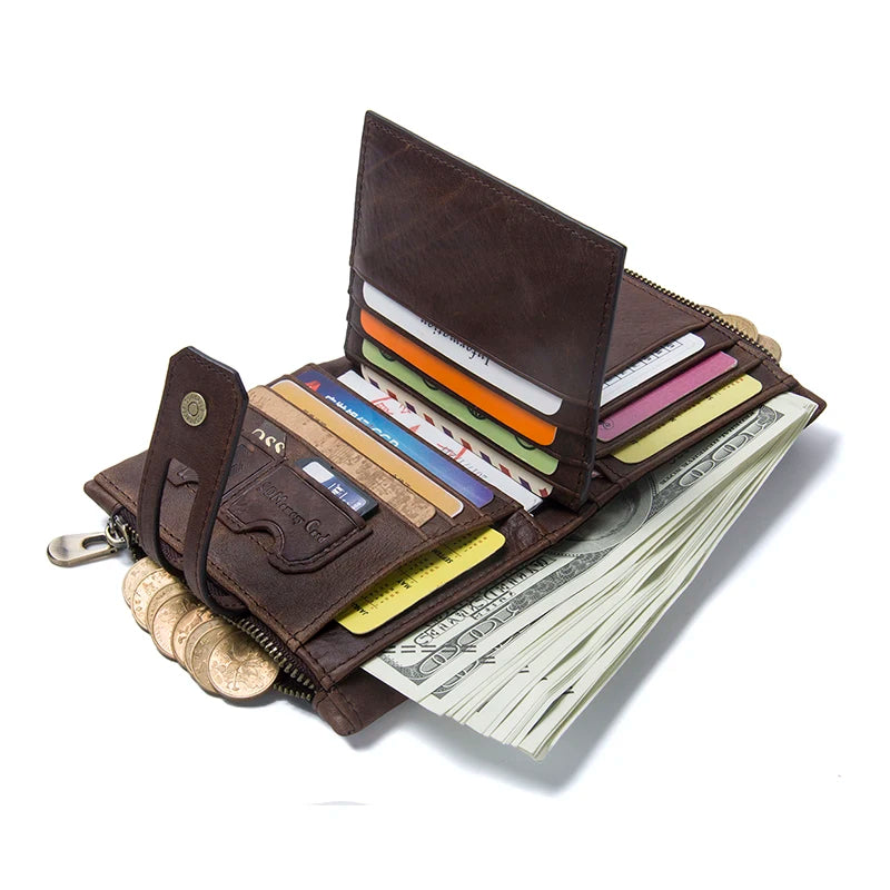 CONTACT'S Genuine Leather Wallets for Men Short Bifold Casual Men'S Wallet Zipper Coin Purses Card Holder Money Clip Men Wallet