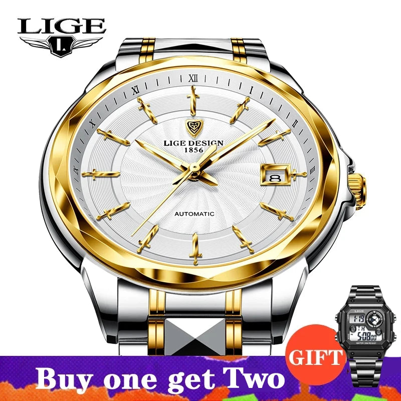 New Mechanical Watch Men Personality Gold Fashion Tungsten Steel Business Men Watch 50M Waterproof Automatic Watch Man+Box