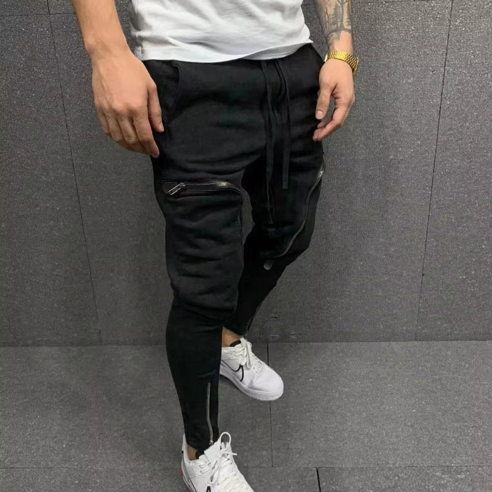 Cargo Pants Men Fashion Solid Color Drawstring Casual Multi Zippers Pockets Trousers Hip Hop Style Men Harem Pants Streetwear