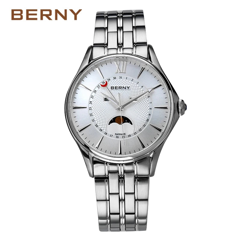 Men Watch Luxury Stainless Steel Moon Phase Wristwatch Waterproof Sports Simple Dial Calendar Miyota Quartz Watches for Men 2022