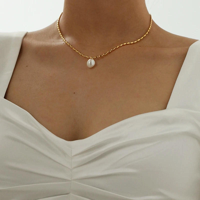 Titanium with 18K Gold Beads Chian Real Pearl Choker Necklace Designer T Show Runway Gown Rare INS Japan Korean Boho Top