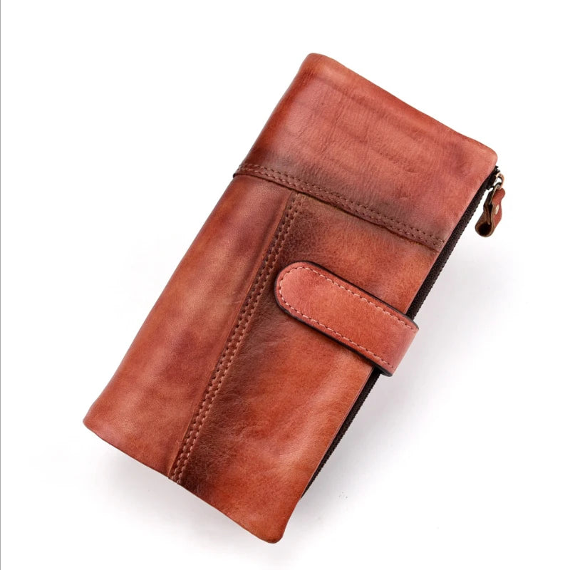 Vintage Fashion Wax Oil Skin Long Purse Genuine Leather Notecase for Ladies Girls 2 Folds Long Wallet RIFD Men Wallet