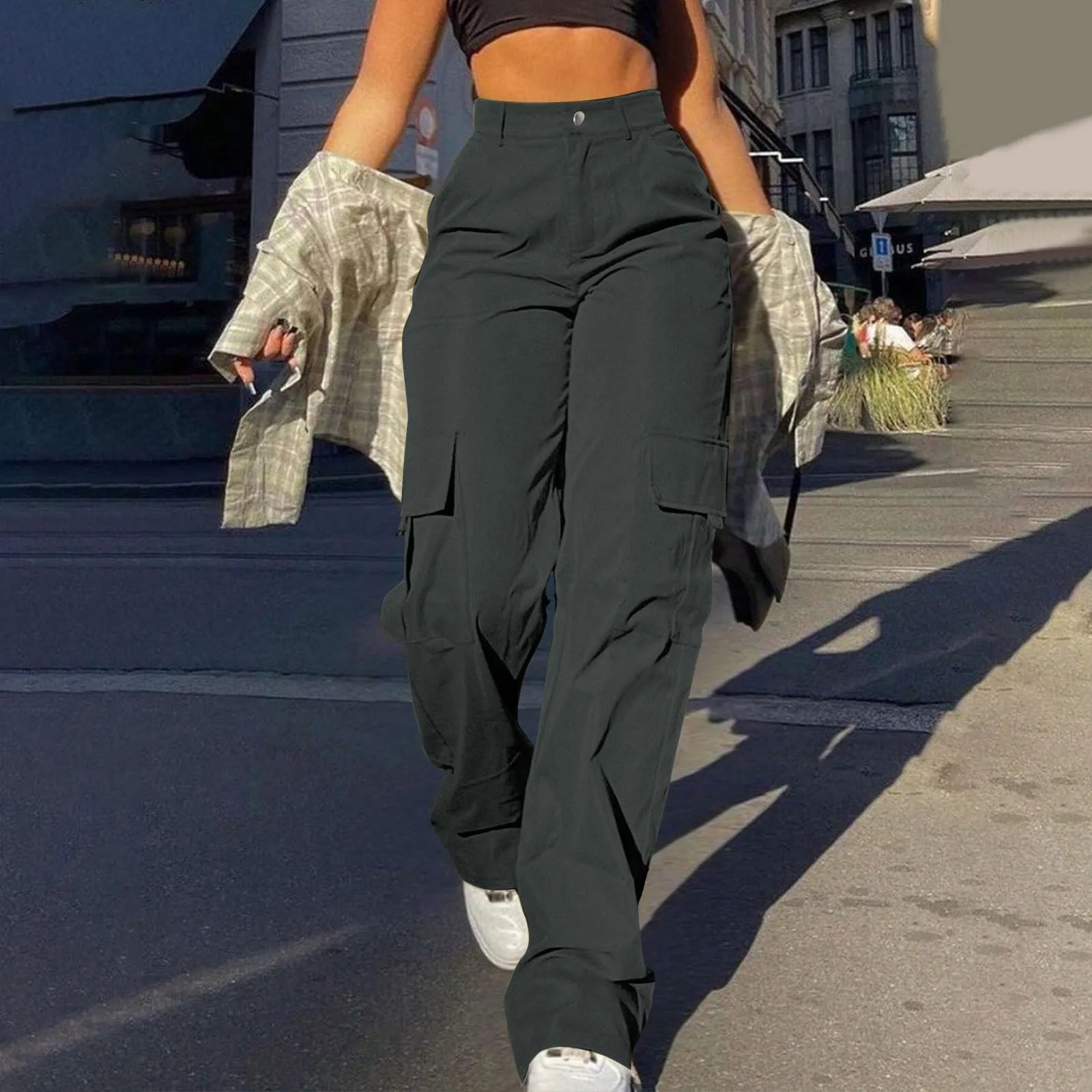 2024 Trendy Women Wide Leg Cargo Pants Street Vibes Flap Pockets Drawstring Ruched High Waist Parachute Women Pants