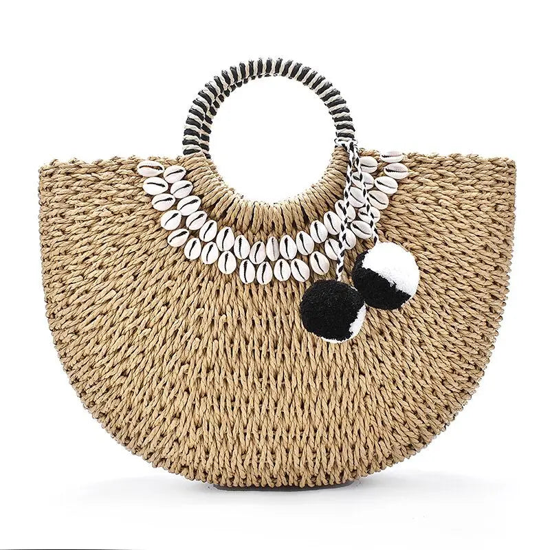 Woman Fashion New Creative Shell Moon Straw Bag Scarf Hair Ball Decoration Straw Bag Portable Woven Beach Handbag