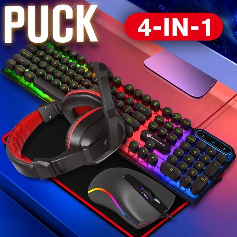 4 in 1 Keyboards Gaming Mouse & RGB Headphones Wired Mechanical Keyboard Mouse Headset Kit for Laptop Computer PC Games