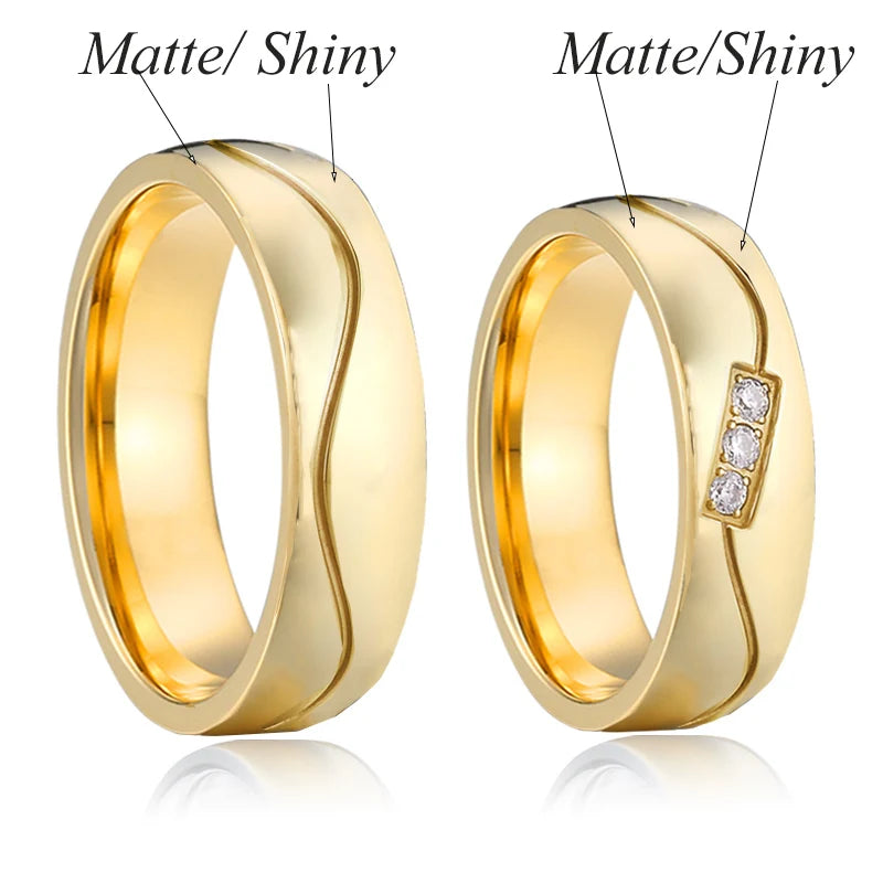 Wedding Rings Couple Sets for Men and Women Lovers Alliance Shiny 1 Pair 14K Gold Plated Stainless Steel Jewelry Marriage Ring