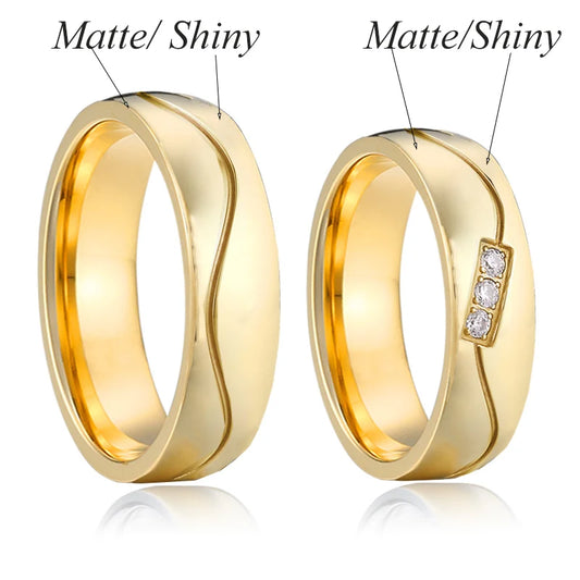 Wedding Rings Couple Sets for Men and Women Lovers Alliance Shiny 1 Pair 14K Gold Plated Stainless Steel Jewelry Marriage Ring