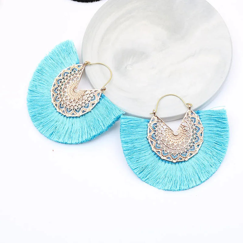 Bohemian Fan Shaped Tassel Earrings for Women Lady Female Fringe Handmade Dangle Earring Vintage Dangle Drop Earrings Jewelry