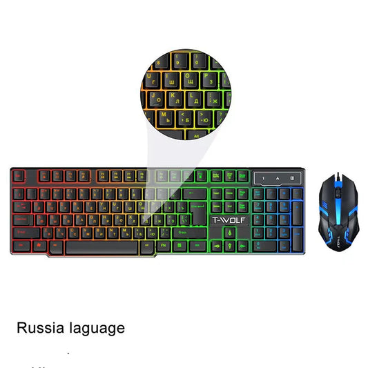 T-WOLF New Keyboard Mouse Kit TF200 Office USB Wired Luminous Keyboard and Mouse Set Russian Keyboard