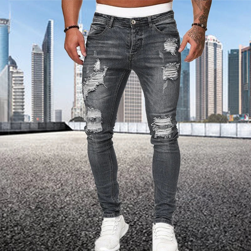 Fashion Street Style Ripped Skinny Jeans Men Vintage Wash Solid Denim Trouser Mens Casual Slim Fit Pencil Denim Pants Hot Sale