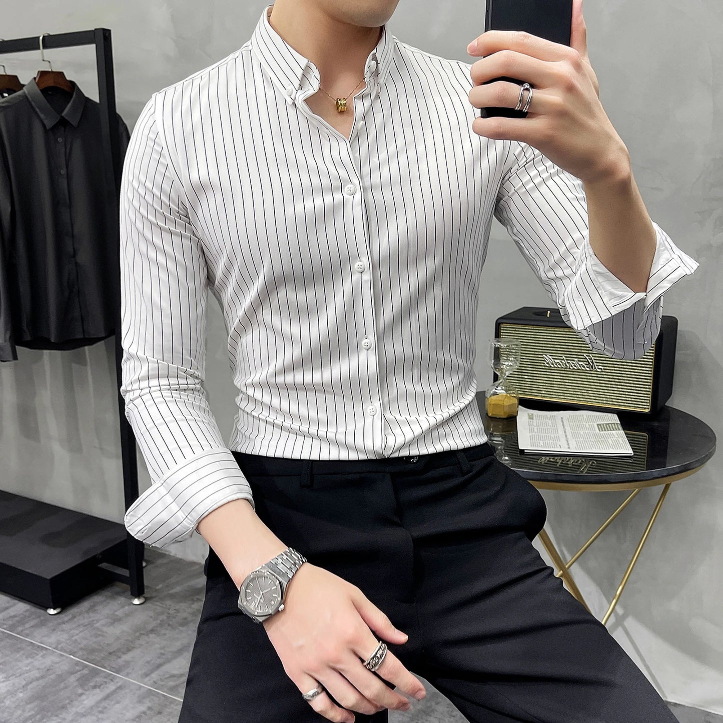 British Style Striped Shirts Mens Long Sleeve Business Formal Dress Shirt Casual Slim Fit Shirt Streetwear Social Party Clothing