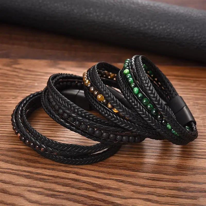 Fashion Natural Stone Beads Men Bracelet Multilayer Leather Bracelet Punk Jewelry Stainless Steel Magnetic Clasp Bangles