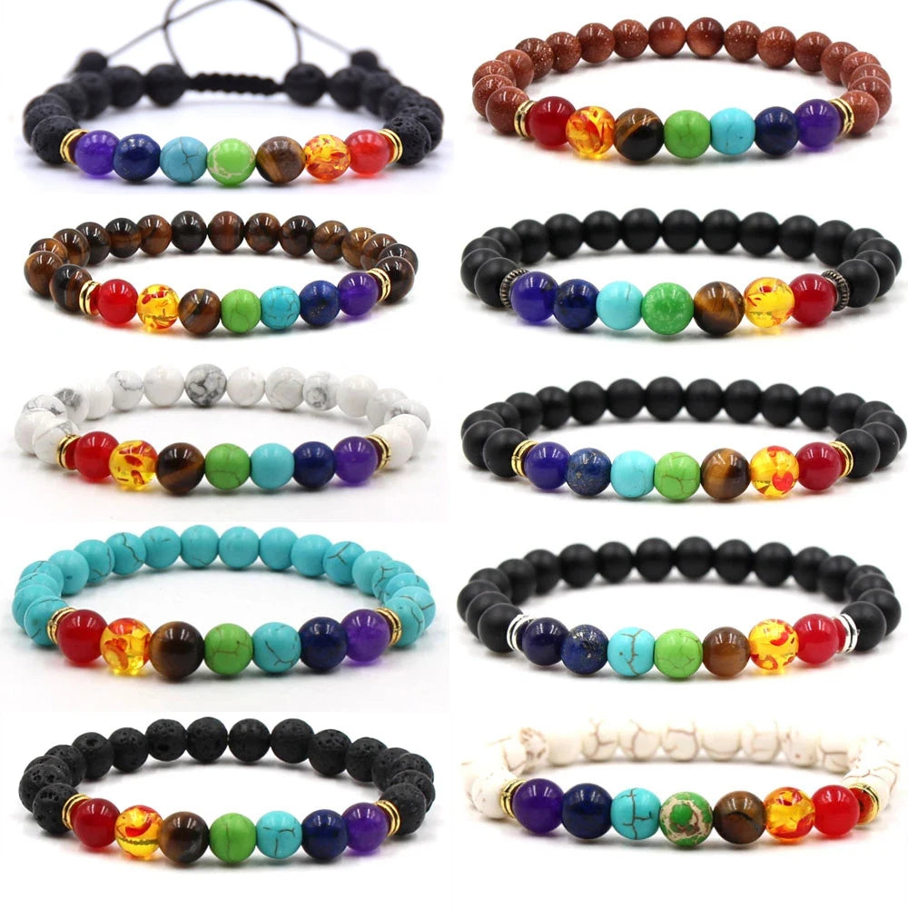 8MM Natural Stone Beaded Chain Bracelets for Women Men Couple Lava Rock Healing Balance Beads Reiki Buddha Chakra Bangle Jewelry