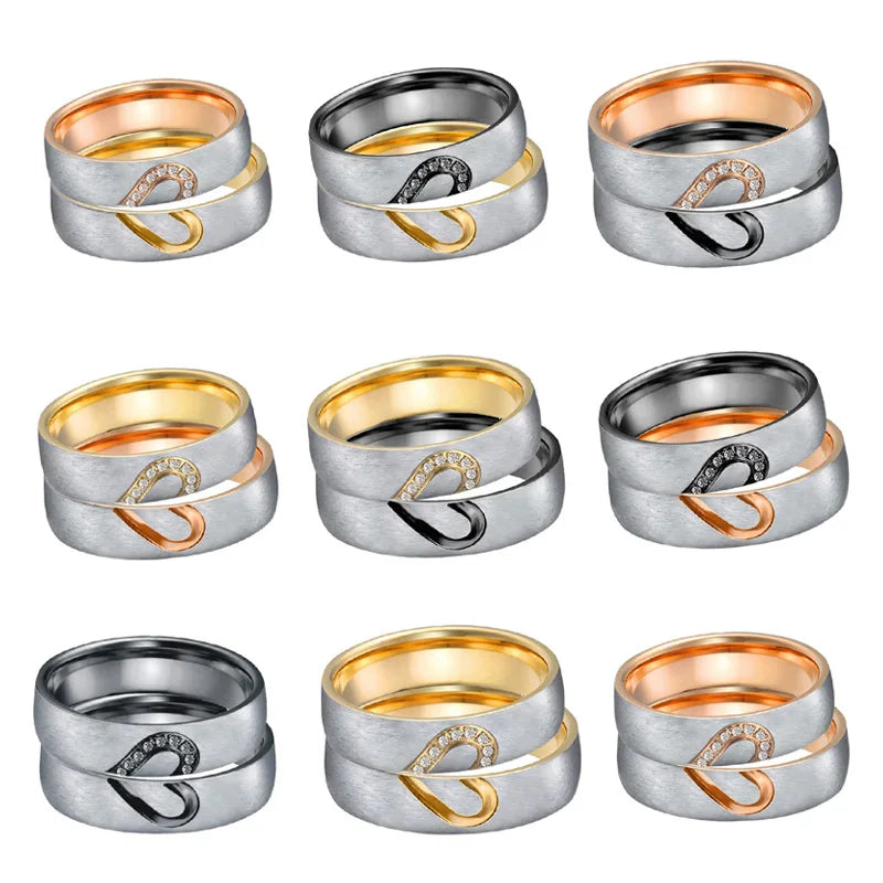 Western Love Heart Proposal Wedding Rings Couple Set for Men and Women 1 Pair 18K Rose Gold Plated Stainless Steel Jewelry