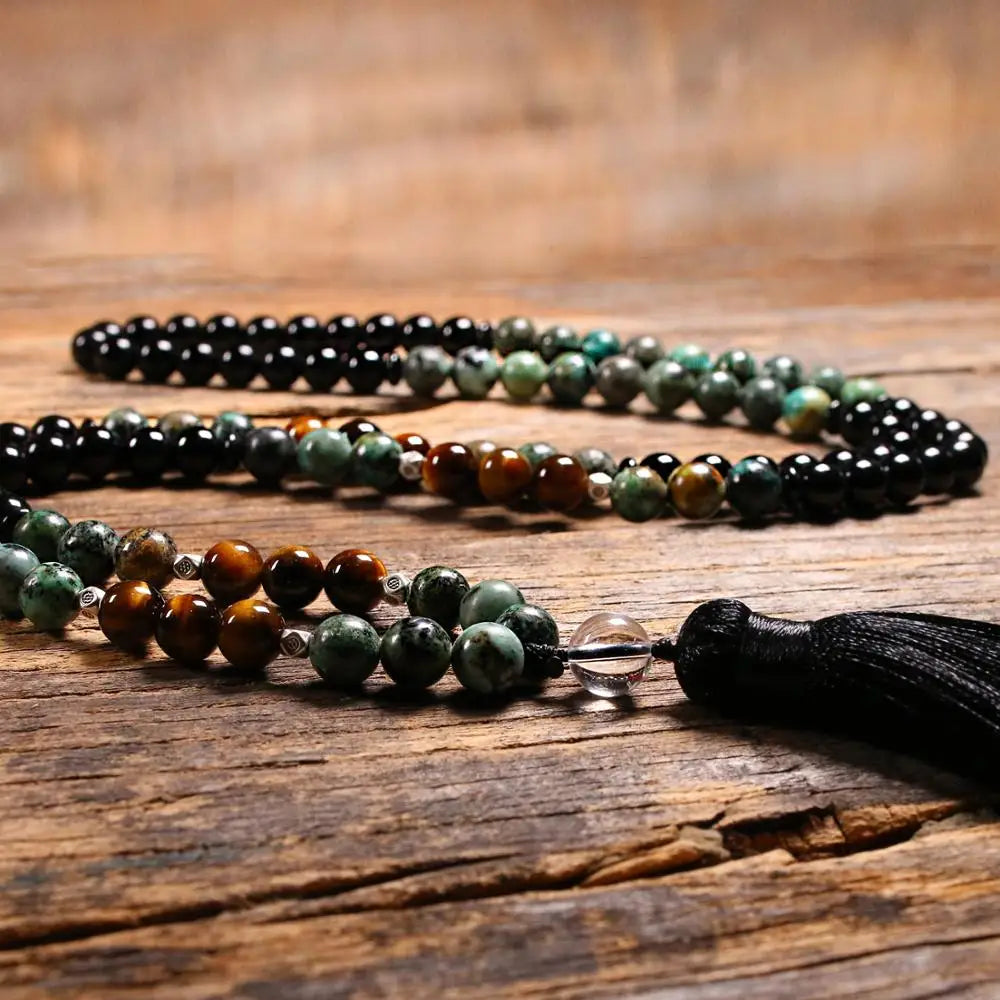 Natural Tiger Eye Stone 108 Japamala Beads Necklaces for Women Black Onyx Yoga Mala Tassel Long Necklace Men Jewelry 8MM