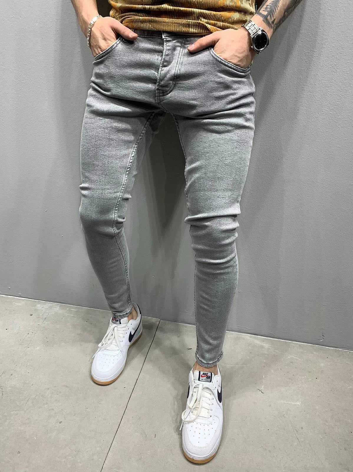 Fashion Street Style Ripped Skinny Jeans Men Vintage Wash Solid Denim Trouser Mens Casual Slim Fit Pencil Denim Pants Hot Sale