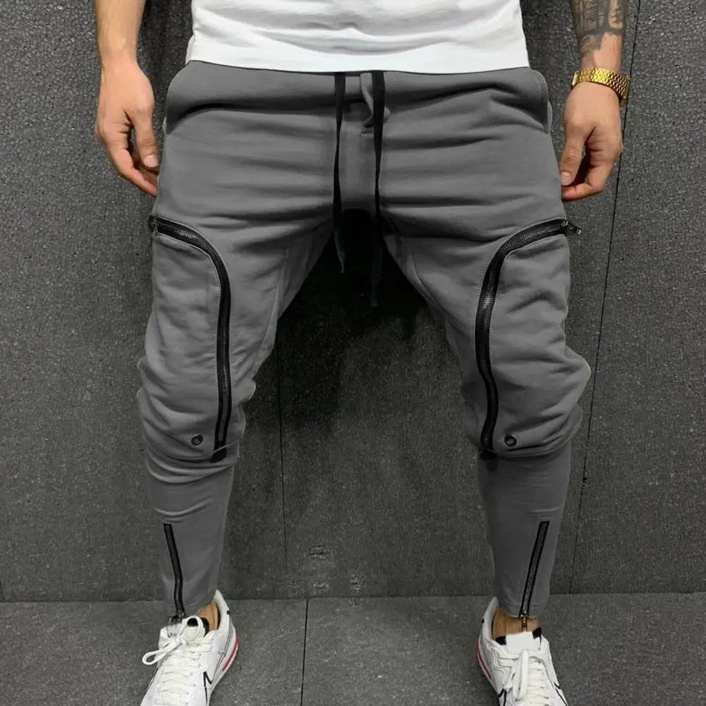 Cargo Pants Men Fashion Solid Color Drawstring Casual Multi Zippers Pockets Trousers Hip Hop Style Men Harem Pants Streetwear