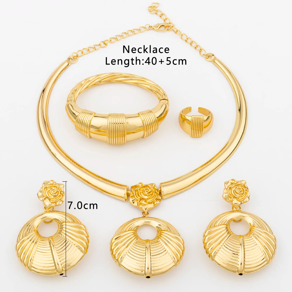 African 18K Gold Plated Jewelry Set for Women Hoop Earrings and Pendant Set Italian Gold Color Weddings Bangle Ring Jewellery