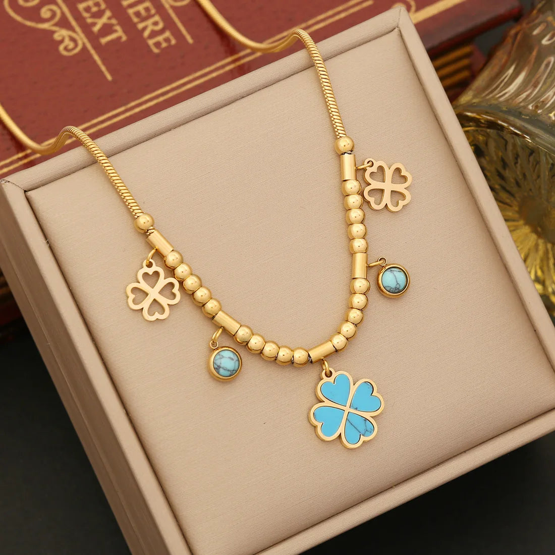 Fashion Stainless Steel Blue Four Leaf Clover Flower Beaded Necklace Earriing Bracelet Set for Women Wedding Jewerly Wholesale