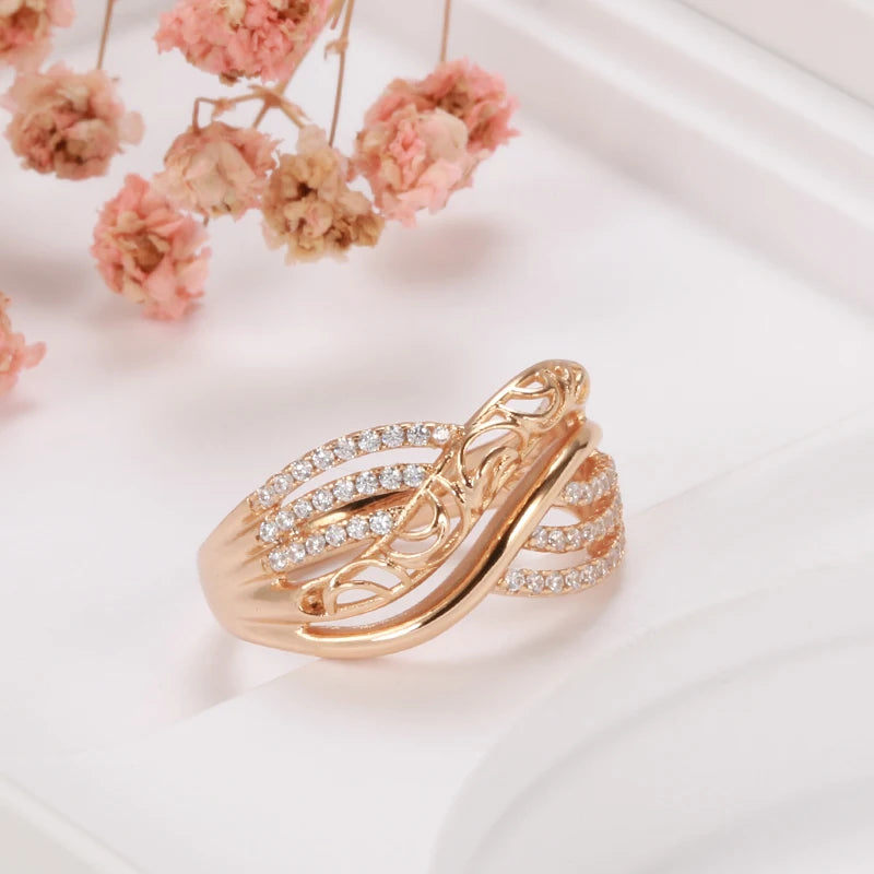 Hot Luxury 585 Rose Gold Ethnic Bride Wedding Ring Hollow Flower Natural Zircon Women Rings Trend Daily Vintage Jewelry