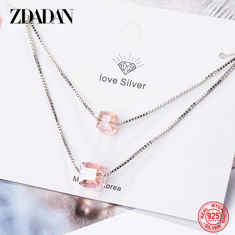 925 Sterling Silver Square Crystal Necklaces for Women Fashion Wedding Jewelry Gift