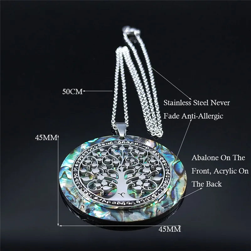 Tree of Life Crystal Stainless Steel Chain Necklaces Women Silver Color Big Necklaces Pendants Jewelry Collar Mujer NXS04