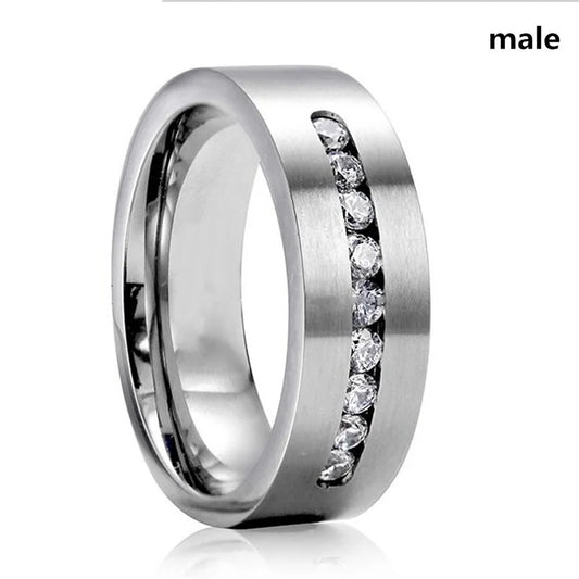 Romantic Zircon Couple Rings Stainless Steel Men'S Ring and Simple Crystal Zircon Women Rings Set Wedding Ring