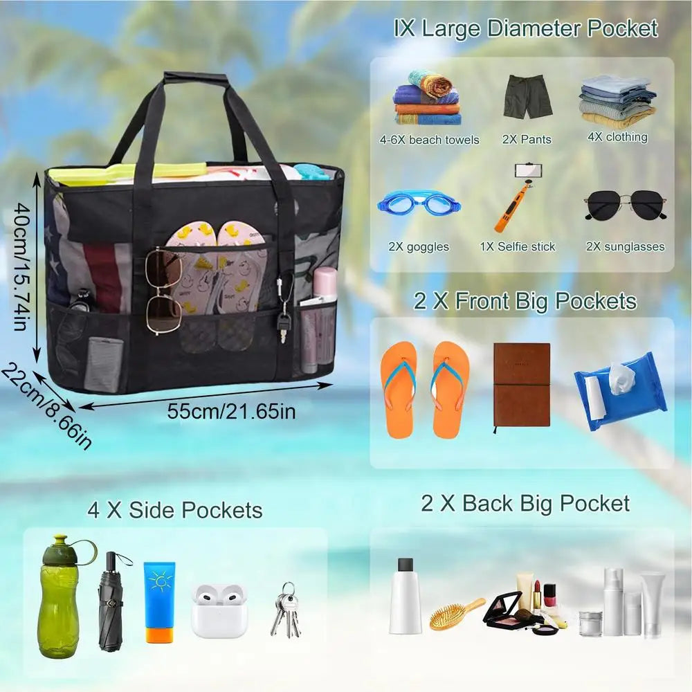 Large-Capacity Mesh Beach Bag - Foldable Zippered and Breathable Tote for Swimming Travel and Grocery Large Picnic Beach Bags