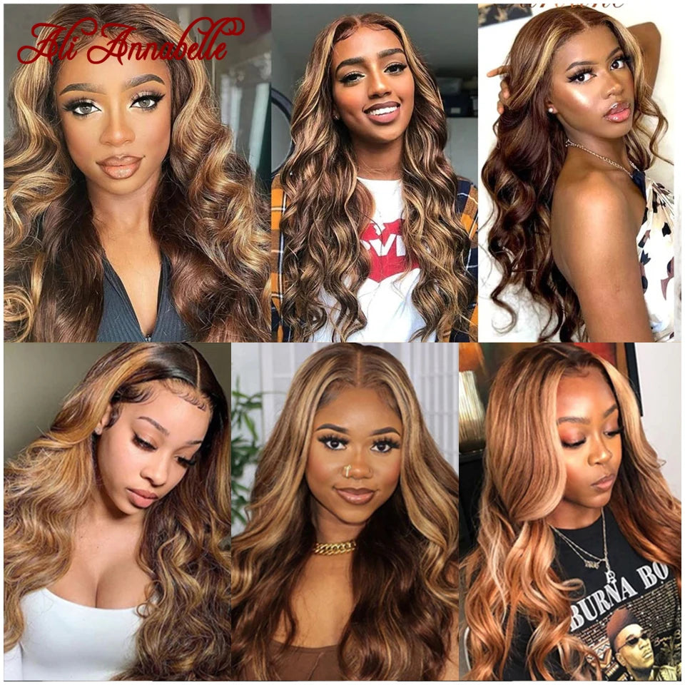 Honey Blonde Highlight Wigs Ombre Brown Body Wave Human Hair Wigs Ali Annabelle 4X4 Closure 13X4 Lace Frontal Human Hair Wigs