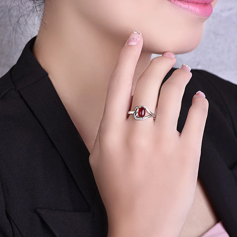 Retro Women Rings 925 Silver Jewelry Wedding Engagement Promise Party Ornaments Oval Shape Red Zircon Gemstone Open Finger Ring