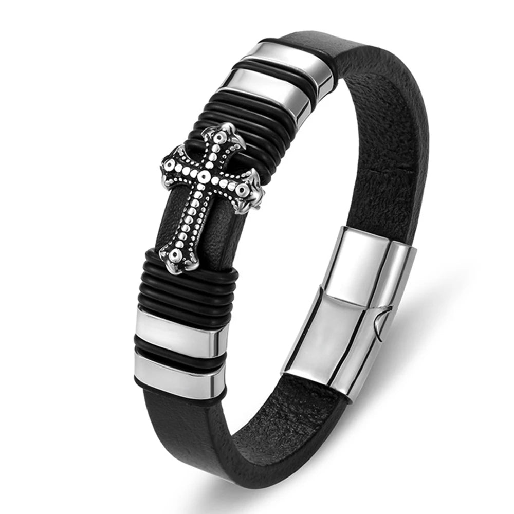 Charm Braided Rope Stainless Steel Magnetic 3 Color Choose Cross Leather Bracelets Men Jewelry Jesus Bangles Dropshipping