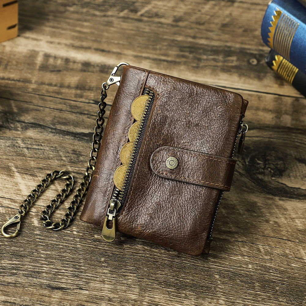 CONTACT'S Genuine Leather Wallets for Men Short Casual Bifold Men Wallet Metal Chain RFID Card Holders Coin Purses Money Clip