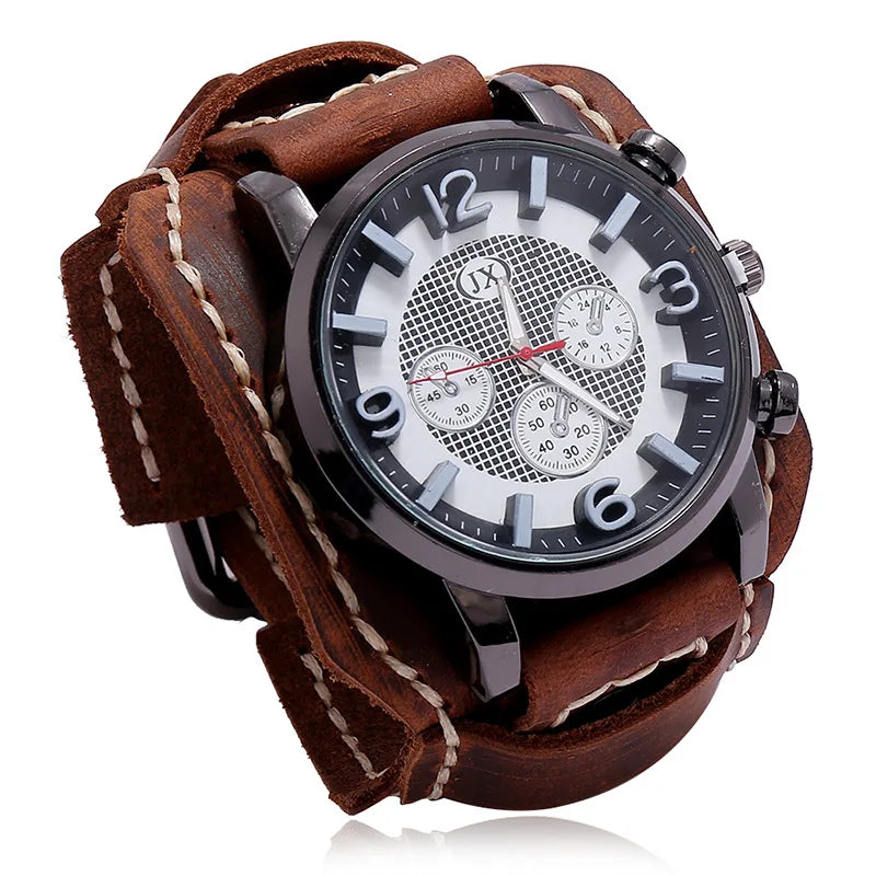 Men Watch Luxury Watch Quartz Wristwatches Big Dial Watch Retro Vintage Punk Style Watch Men Leather Strap Bracelet Men Gift Set