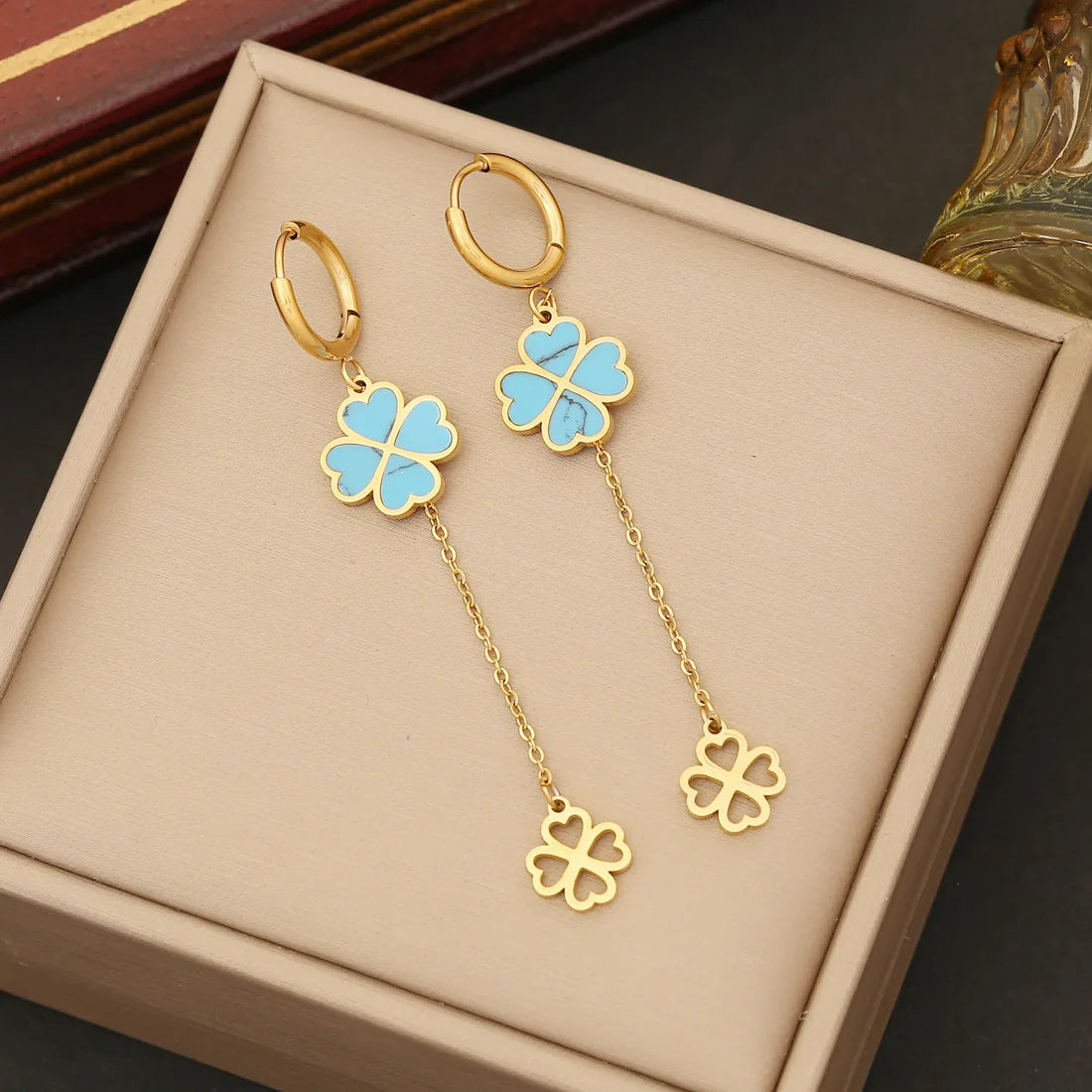 Fashion Stainless Steel Blue Four Leaf Clover Flower Beaded Necklace Earriing Bracelet Set for Women Wedding Jewerly Wholesale