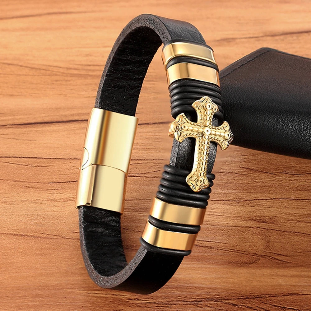 Charm Braided Rope Stainless Steel Magnetic 3 Color Choose Cross Leather Bracelets Men Jewelry Jesus Bangles Dropshipping