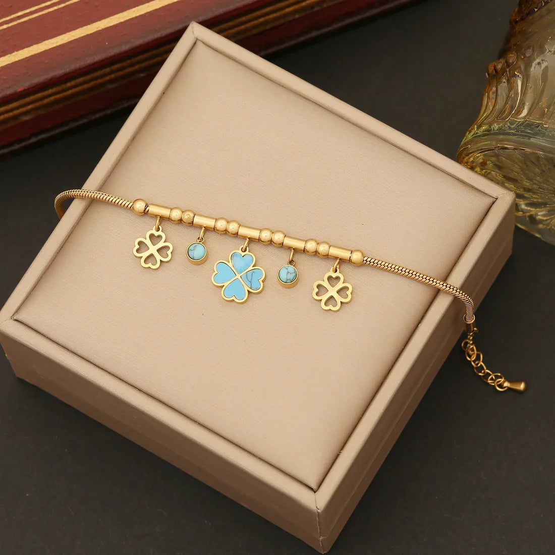 Fashion Stainless Steel Blue Four Leaf Clover Flower Beaded Necklace Earriing Bracelet Set for Women Wedding Jewerly Wholesale