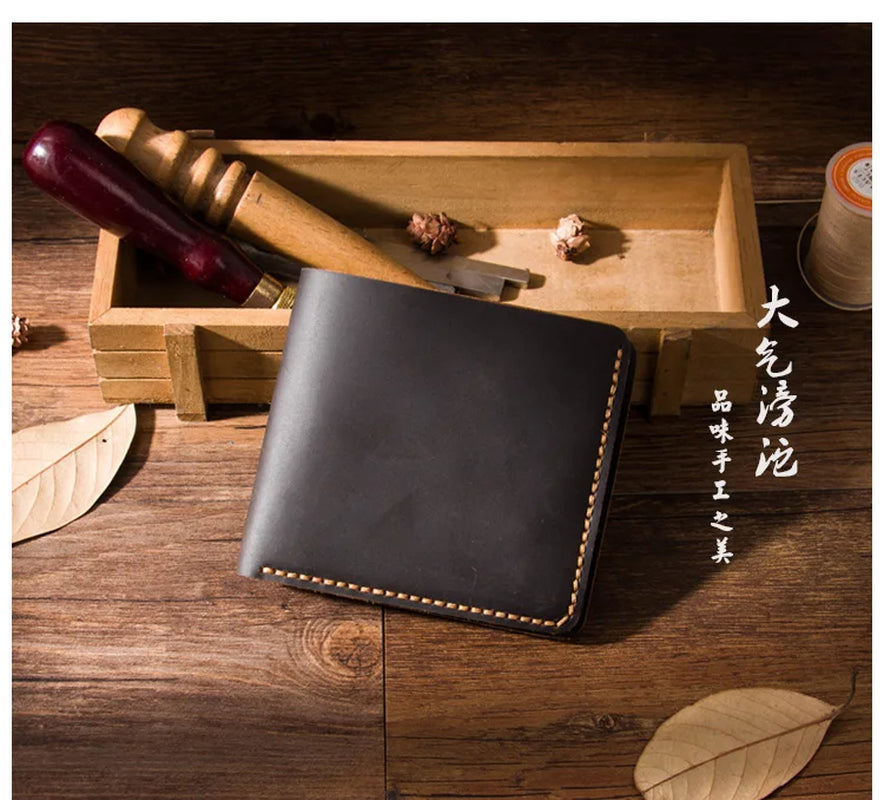 Handmade Vintage Crazy Horse Genuine Leather Wallet Men Purse Leather Men Wallet Short Style Male Money Holder Coin Bag WF206