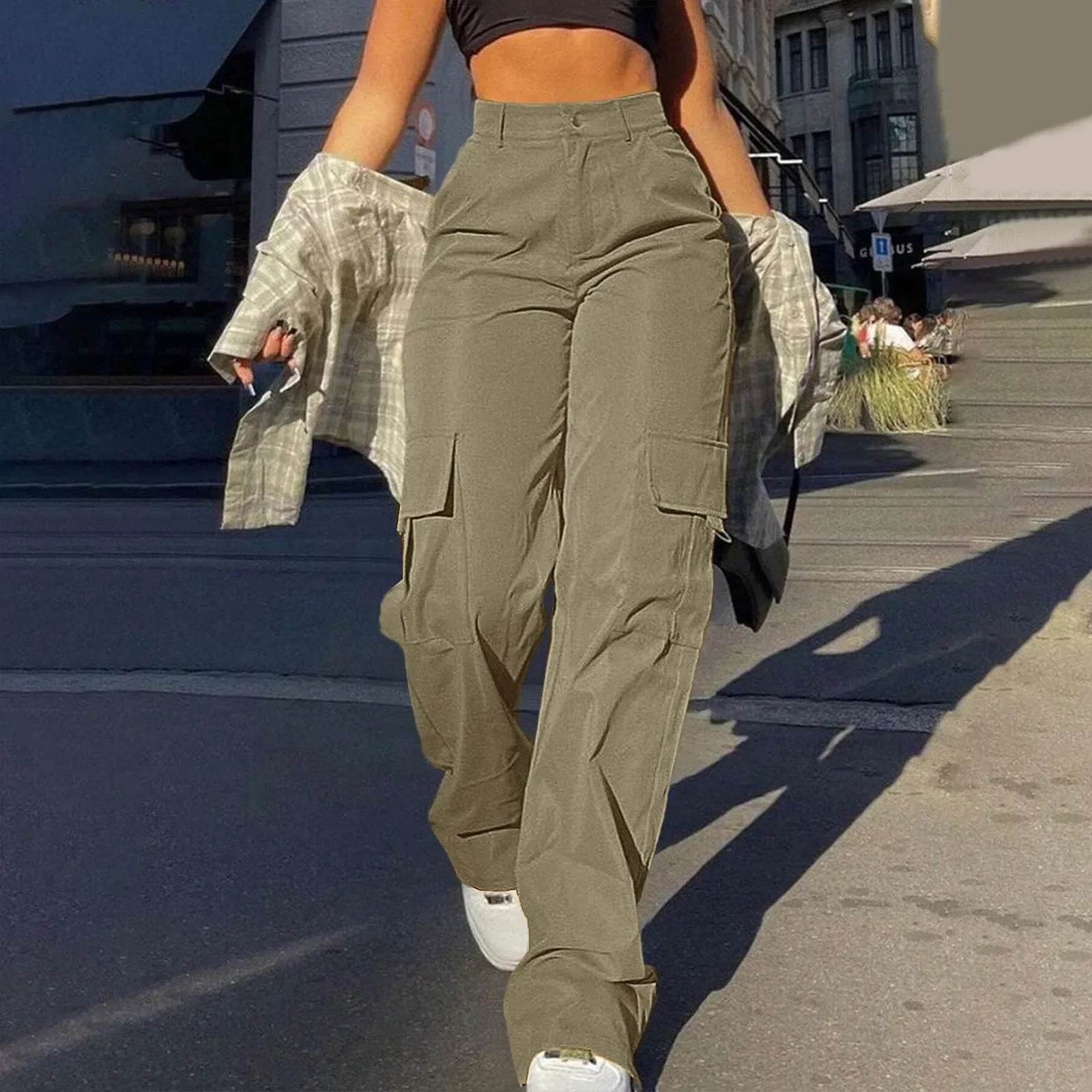 2024 Trendy Women Wide Leg Cargo Pants Street Vibes Flap Pockets Drawstring Ruched High Waist Parachute Women Pants