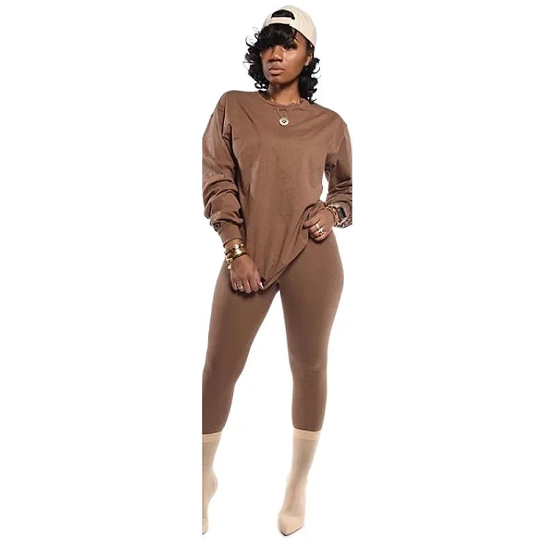 Active Sweatsuit Two 2 Piece Set Women Winter Fitness Outfit Crewneck Sweatshirt + Legging Pants Matching Tracksuit