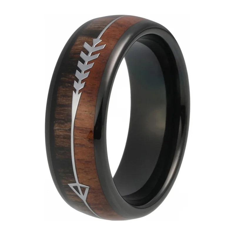 Fashion Tungsten Carbide Wood Rings Steel Arrow Inlay for Men Women Classic Engagement Ring Dome Band Polished Comfort Fit