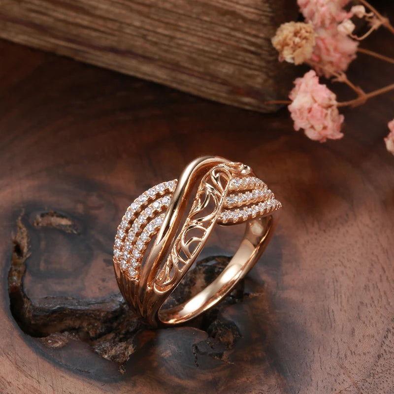 Hot Luxury 585 Rose Gold Ethnic Bride Wedding Ring Hollow Flower Natural Zircon Women Rings Trend Daily Vintage Jewelry