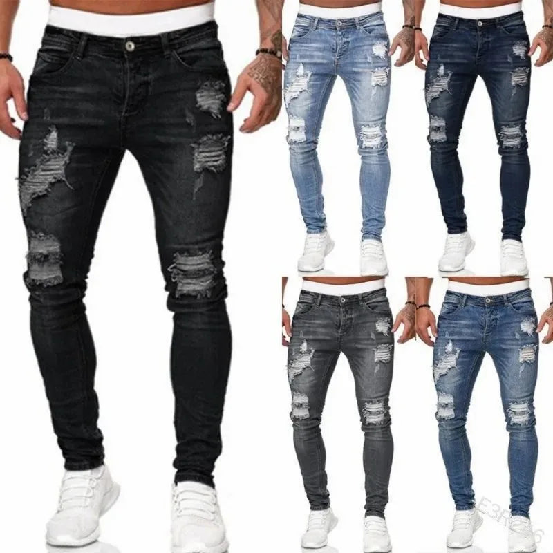 2024 New Ripped Skinny Jeans Men Vintage Wash Elastic Biker Holes Denim Pants Casual Slim Joggers Trousers Distressed Streetwear